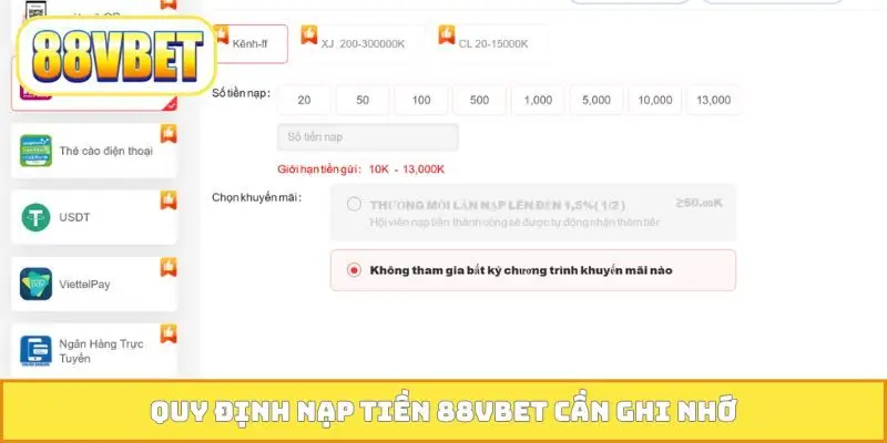 Quy định nạp tiền 88VBET cần ghi nhớ